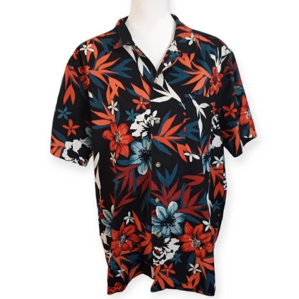 GOODFELLOW & CO BLACK & ORANGE FLORAL HAWAIIAN SHIRT SZ. XL EUC